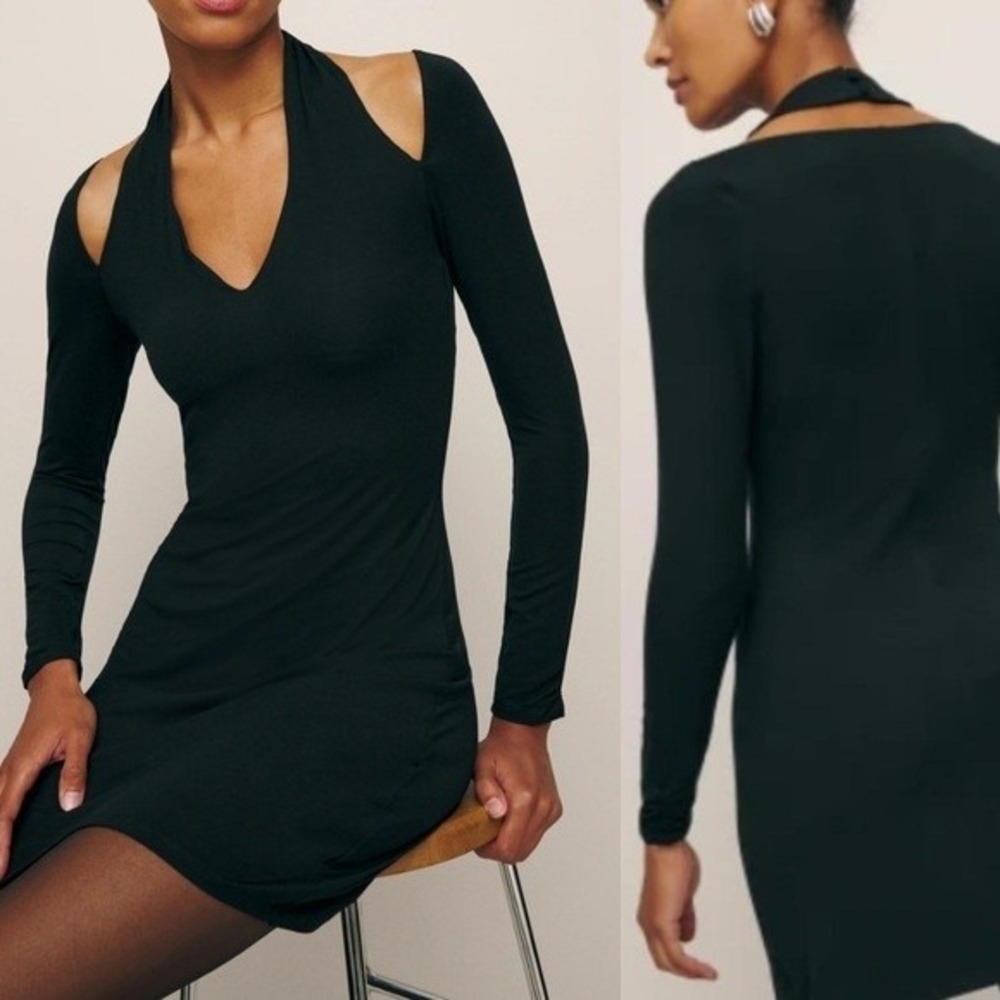 Reformation Aylin Dress Size S Black Halter V-Neck Bodycon Mini Jersey Knit‎